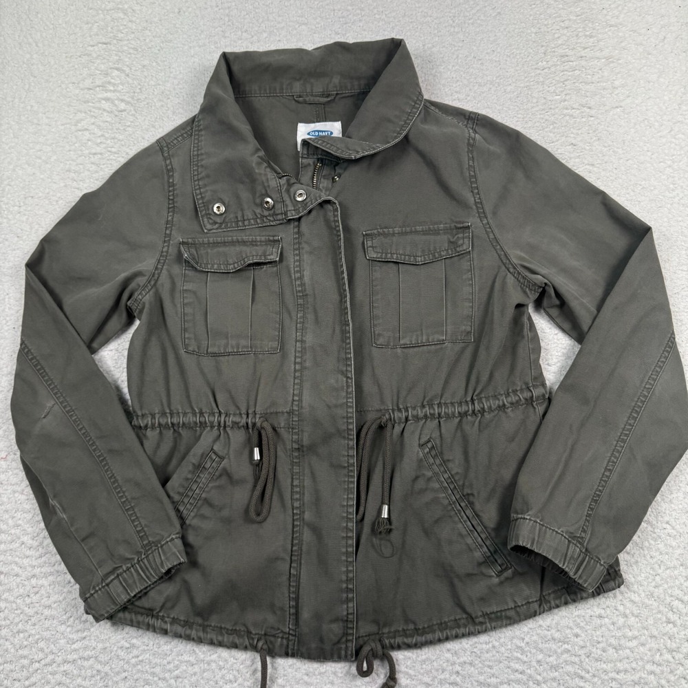 Old Navy Jacket Women Medium Full Zip Cinched Waist Utility Field Green Military
